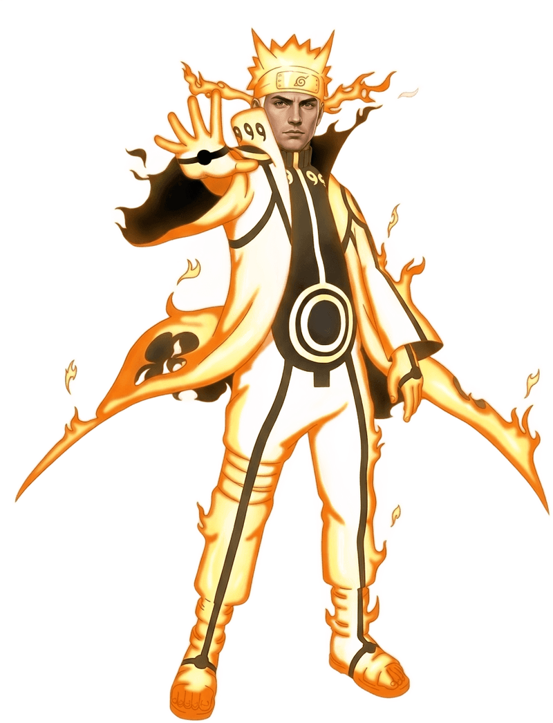 Sage Mode chakra figure radiating a sunset aura, channelling full power