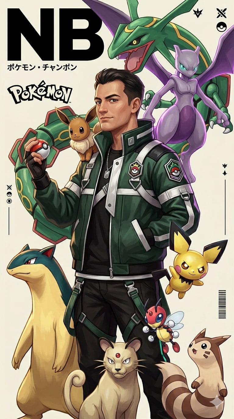 Nikhil reimagined as a Pokémon Champion, surrounded by his roster
